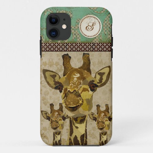 Golden Damask Giraffes  Monogram iPhone Case