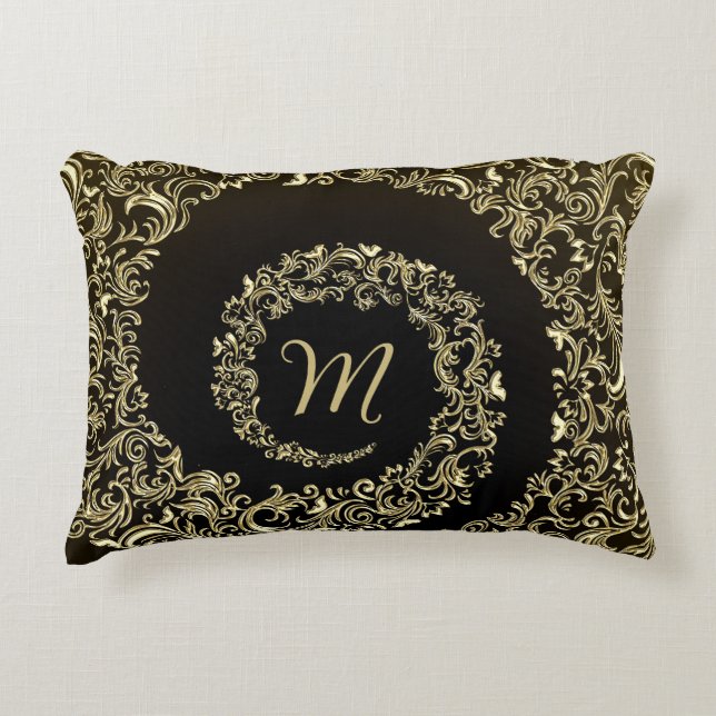 Golden Damask Monogram Accent Pillow (Front)