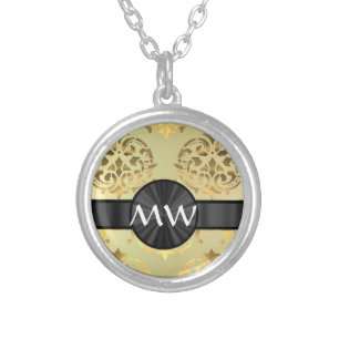 Golden damask monogrammed silver plated necklace