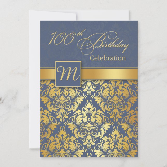Golden damask on blue 100th Birthday Party Invite (Front)