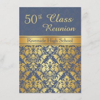 Golden Damask On Blue 50th Class Reunion Invite by IrinaFraser at Zazzle