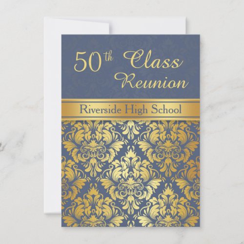 Golden damask on blue 50th Class Reunion Invite