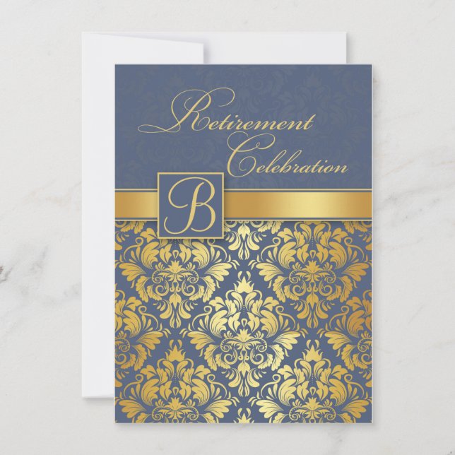 Golden damask on blue monogramm Retirement Party Invitation (Front)