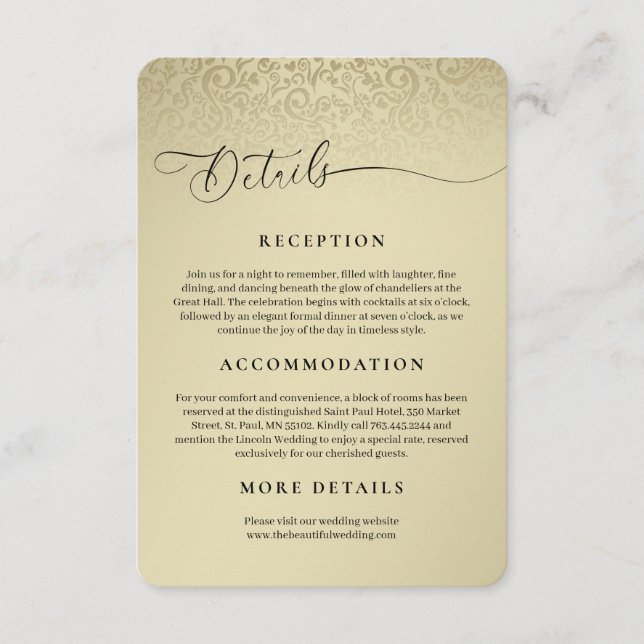 Golden Damask Wedding Details Enclosure Card (Front)
