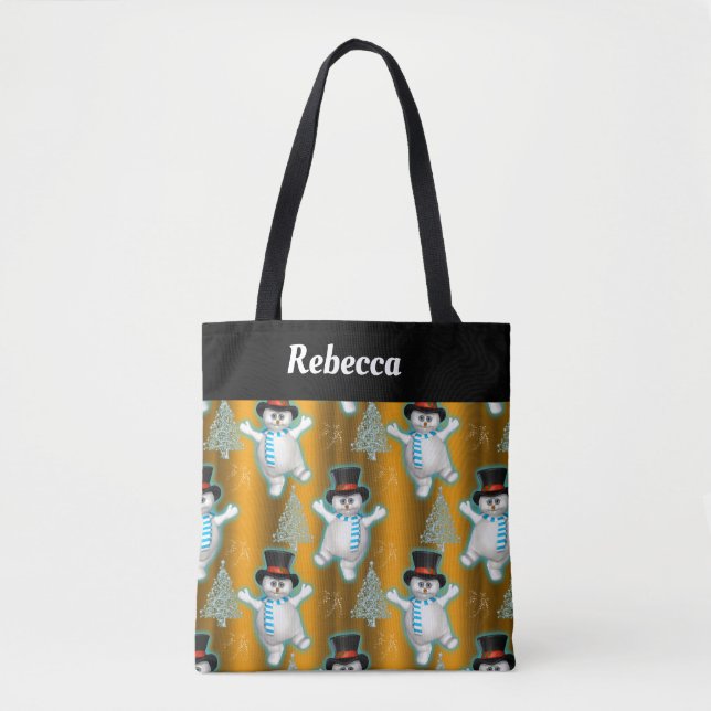 Golden Dancing Snowmen Christmas Large Christmas S Tote Bag (Front)