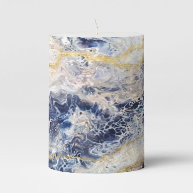 Golden Dark Abstract Marble Background Pillar Candle (Front)