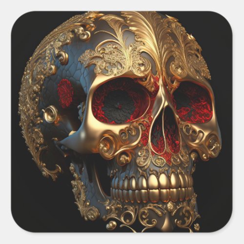 Golden Darkness Skull with Red Eyes Square Sticker