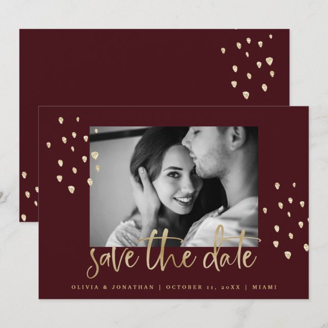 Golden Date | Gold Script Burgundy with Photo Save The Date (Front/Back)