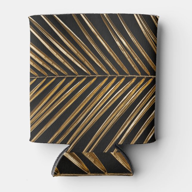 Golden Date Palm Leaf: Black Minimalist Can Cooler (Front)