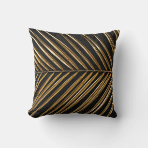 Golden Date Palm Leaf: Black Minimalist Throw Pillow