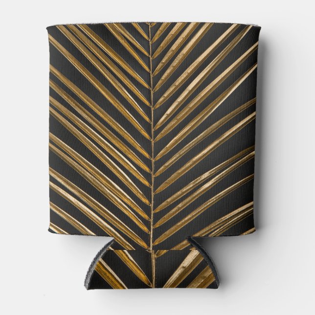 Golden Date Palm: Minimalist Black Background Can Cooler (Front)