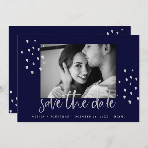 Golden Date  Silver Script on Navy with Photo Save The Date