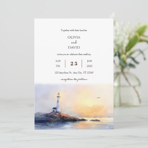  Golden Dawn Lighthouse Watercolor Beach Wedding  Invitation