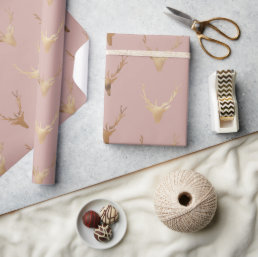 Golden Dear Head Blush Rose Holiday Wrapping Paper
