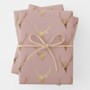 Golden Dear Head Blush Rose Holiday Wrapping Paper Sheets