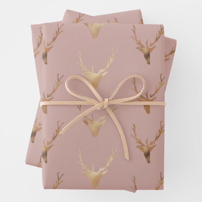 Golden Dear Head Blush Rose Holiday   Wrapping Paper Sheets (In situ)