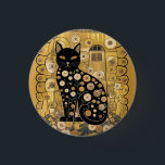 Golden Decorative Gustav Klimt Style Black Cat Art Button<br><div class="desc">This design is a stylized illustration of a black cat in the artistic manner of Gustav Klimt. The cat is depicted in a seated position, adorned with intricate, decorative patterns and motifs reminiscent of Klimt's signature style, incorporating geometric shapes, floral elements, and circular designs. The background features a golden, textured...</div>