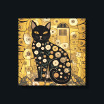 Golden Decorative Gustav Klimt Style Black Cat Art Canvas Print<br><div class="desc">This design is a stylized illustration of a black cat in the artistic manner of Gustav Klimt. The cat is depicted in a seated position, adorned with intricate, decorative patterns and motifs reminiscent of Klimt's signature style, incorporating geometric shapes, floral elements, and circular designs. The background features a golden, textured...</div>
