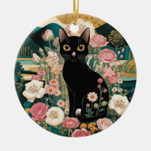 Golden Decorative Gustav Klimt Style Black Cat Art Ceramic Ornament