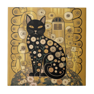 Golden Decorative Gustav Klimt Style Black Cat Art Ceramic Tile