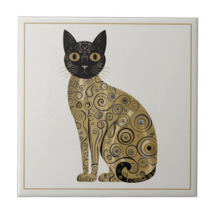 Golden Decorative Gustav Klimt Style Black Cat Art Ceramic Tile