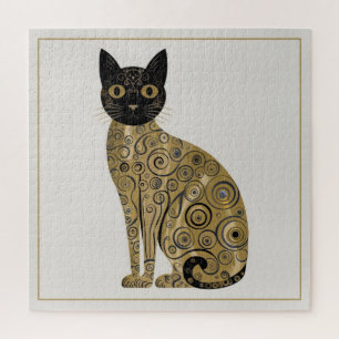 Golden Decorative Gustav Klimt Style Black Cat Art Jigsaw Puzzle