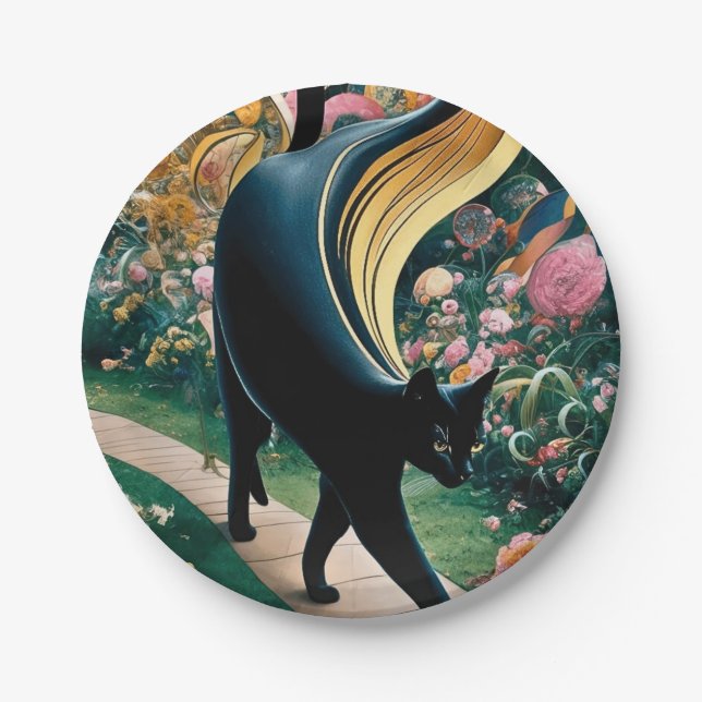 Golden Decorative Gustav Klimt Style Black Cat Art Paper Plates (Front)