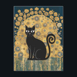 Golden Decorative Gustav Klimt Style Black Cat Art Postcard<br><div class="desc">This design is a stylized illustration of a black cat in the artistic manner of Gustav Klimt. The cat is depicted in a seated position, adorned with intricate, decorative patterns and motifs reminiscent of Klimt's signature style, incorporating geometric shapes, floral elements, and circular designs. The background features a golden, textured...</div>