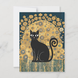 Golden Decorative Gustav Klimt Style Black Cat Art Postcard