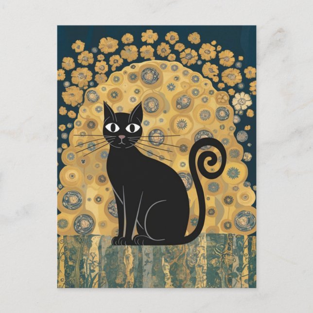Golden Decorative Gustav Klimt Style Black Cat Art Postcard (Front)