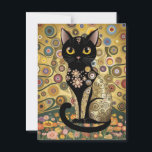 Golden Decorative Gustav Klimt Style Black Cat Art Postcard<br><div class="desc">This design is a stylized illustration of a black cat in the artistic manner of Gustav Klimt. The cat is depicted in a seated position, adorned with intricate, decorative patterns and motifs reminiscent of Klimt's signature style, incorporating geometric shapes, floral elements, and circular designs. The background features a golden, textured...</div>