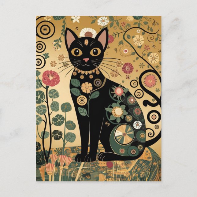 Golden Decorative Gustav Klimt Style Black Cat Art Postcard (Front)