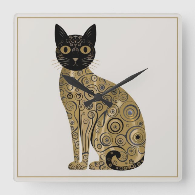 Golden Decorative Gustav Klimt Style Black Cat Art Square Wall Clock (Front)