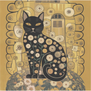 Golden Decorative Gustav Klimt Style Black Cat Art Sticker