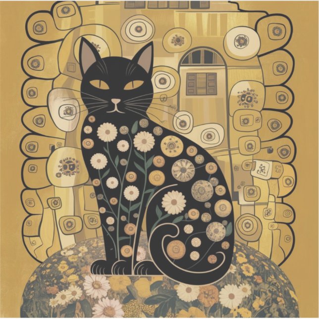 Golden Decorative Gustav Klimt Style Black Cat Art Sticker (Front)