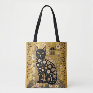 Golden Decorative Gustav Klimt Style Black Cat Art Tote Bag