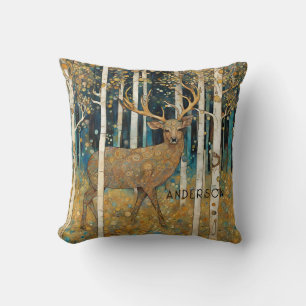 Golden Deer Forest Throw Pillow