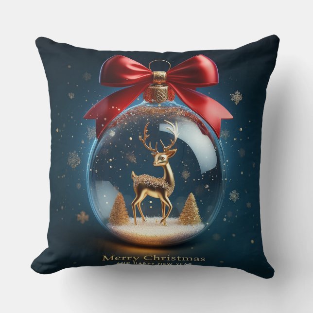 Golden Deer Ornament in a Christmas Bauble Throw Pillow (Front)