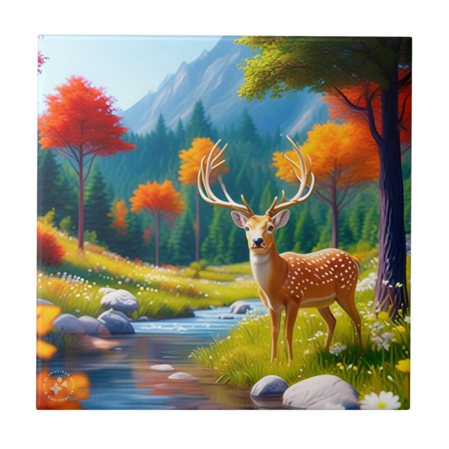 Golden Deer Standing in The Forest-47587 Ceramic Tile (Front)