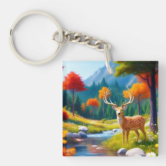 Golden Deer Standing in The Forest-47587 Keychain (Front)