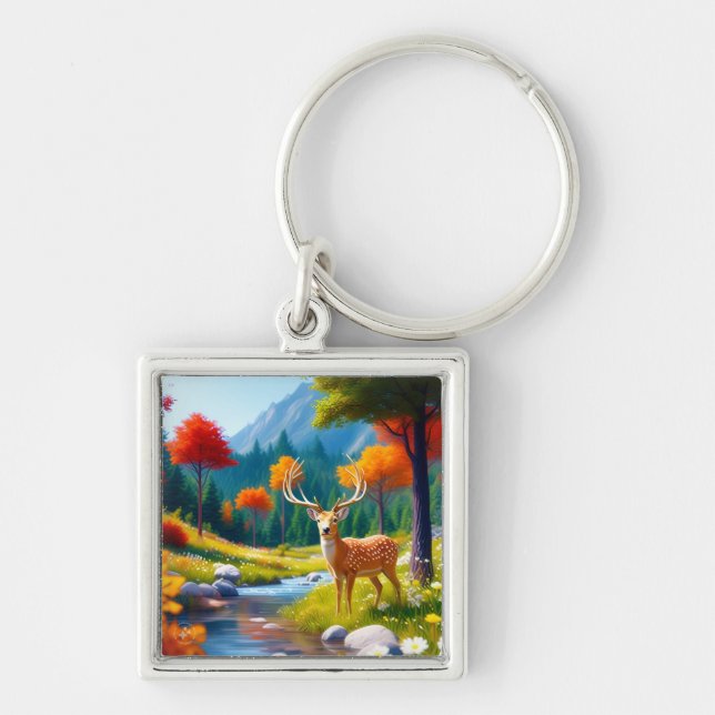 Golden Deer Standing in The Forest-47587 Keychain (Front)