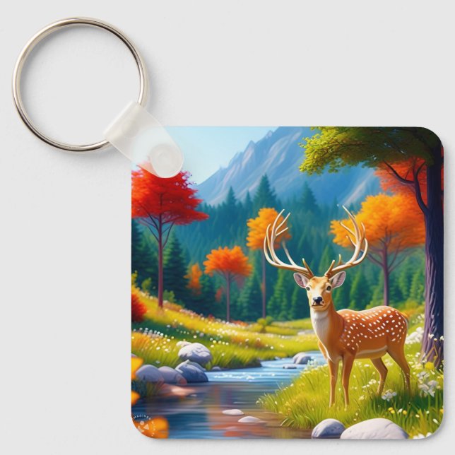 Golden Deer Standing in The Forest-47587 Keychain (Front)