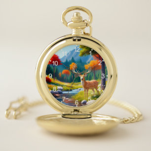 Golden Deer Standing in The Forest-47587 Pocket Watch