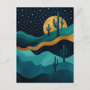Golden Desert Nightscape – Abstract Cactus Art Holiday Postcard