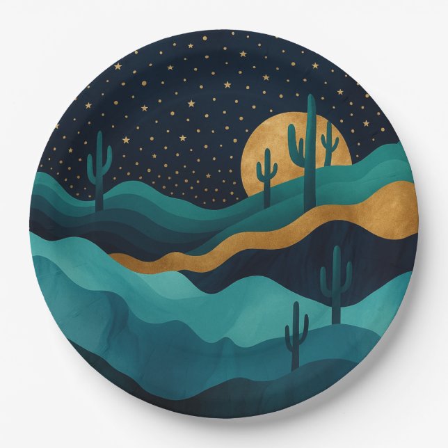  Golden Desert Nightscape – Abstract Cactus Art Paper Plates (Front)