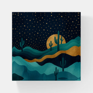  Golden Desert Nightscape – Abstract Cactus Art Paperweight