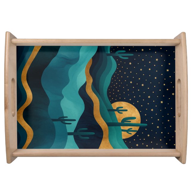  Golden Desert Nightscape – Abstract Cactus Art Serving Tray (Front)