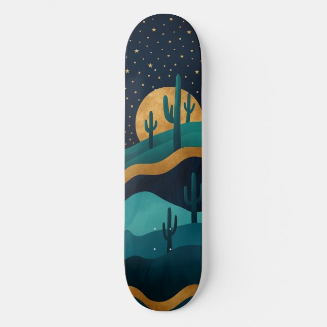  Golden Desert Nightscape – Abstract Cactus Art Skateboard (Front)
