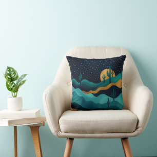 Golden Desert Nightscape – Abstract Cactus Art Throw Pillow