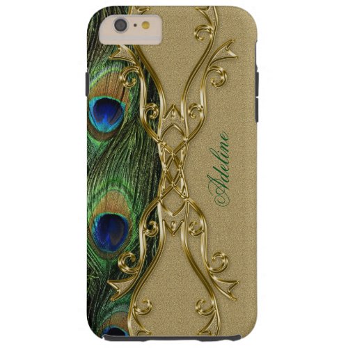 Golden Design Peacock Feathers Monogram Template Tough iPhone 6 Plus Case